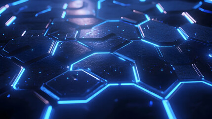 Obraz premium A close-up of a glowing blue hexagonal grid on a dark metallic surface, reflecting light for a sleek futuristic look.