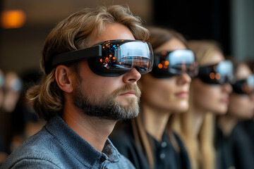 Brainstorming session with a team using augmented reality headsets and virtual tools, set in a high-tech creative environment focused on futuristic and innovative idea generation.
