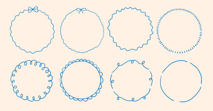 Circle whimsical wavy scallop frame with bow tie in doodle trendy style. Border with elegant outline loop for greeting cards.