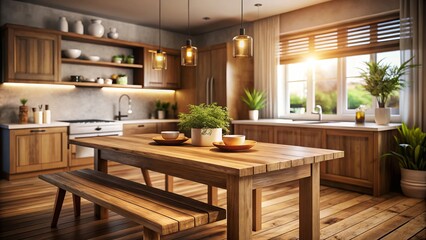Candid Photography of a Wooden Table Set Against a Blurred Kitchen Background - An Inviting Interior Space for Home Decor Inspiration