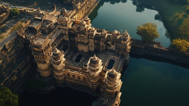 An aerial view of the iconic Rani Padmini Palace in Chittorgarh, highlighting its architectural elegance and historical significance in Rajputana history
