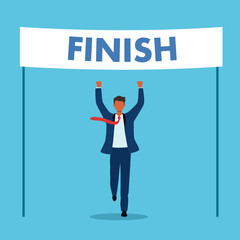 Businessman raises his hands on the finish line after winning a race. Competition, success, goal in business concept.