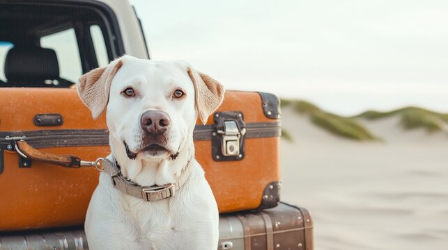 A friendly dog poses in front of a vintage suitcase on a sandy beach, suggesting a travel adventure filled with companionship.