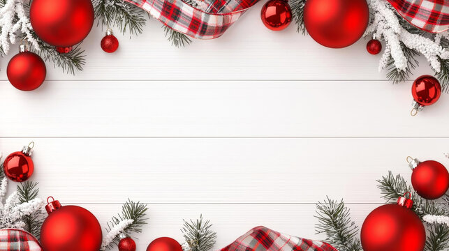 Christmas double border of red ornaments, snowy branches and  plaid ribbon Top view on a white wood banner background Copy space