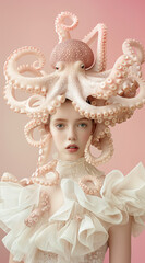 A beautiful model wearing a white ruffled dress adorned with octopus tentacles. Surreal fashion concept merging marine life elements with haute couture.