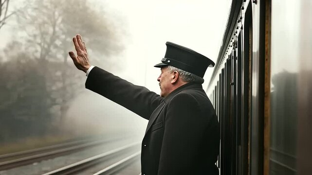 Train Conductor Signaling Departure on Vintage Steam Locomotive
