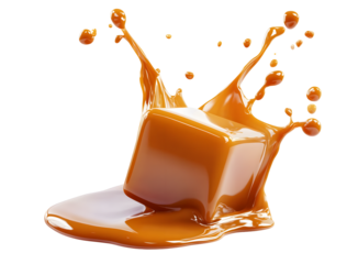 Splash of caramel with cube isolated on transparent background