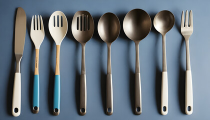 Stylish kitchen utensils with ergonomic handles arranged on a blue background
