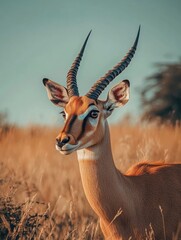 Antelope with long horns in field