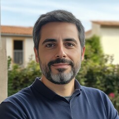 Fototapeta premium A man with a beard and gray hair is smiling for the camera. He is wearing a blue shirt and is standing in front of a house