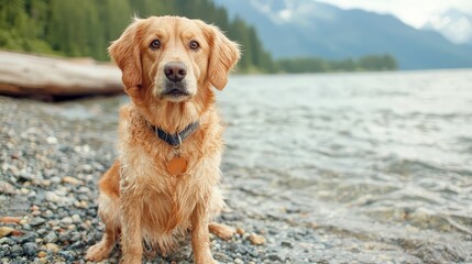 Obraz premium A golden retriever sits by a serene lake, surrounded by nature, its fur wet from water, with mountains in the background.