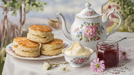Fototapeta premium Traditional English afternoon tea setup with scones, clotted cream, jam, and teapot on elegant floral table setting