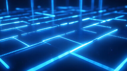 Obraz premium A glowing blue neon grid with sleek intersections, forming a futuristic and high-tech virtual space.
