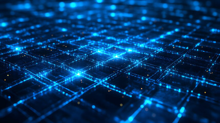 Obraz premium A detailed blue neon grid with glowing intersections, forming a high-tech digital floor design.