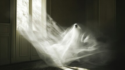 Eerie ghost floating out of deep shadows, semi-transparent with a soft glow, wisps of fog swirling around in a mysterious scene