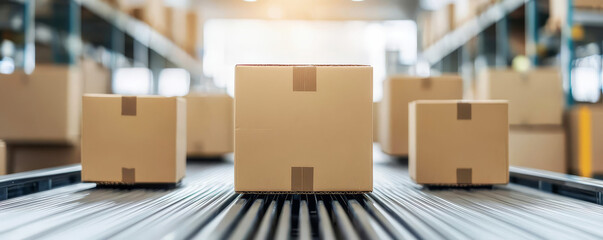Closeup of cardboard boxes moving on a conveyor belt in a warehouse fulfillment center