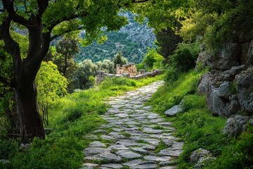 Fototapeta premium Scenic Ancient Stone Pathway in the Lush Greenery of Delphi Leading Towards the Mountains