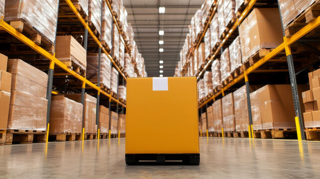 Light modern warehouse logistics transporation distribution packaging centre interior with no people perspective low angle shot