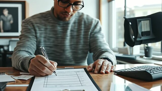 Screenwriter Reviewing Script in Film Studio Creative Environment
