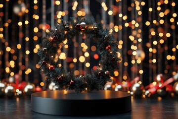 Obraz premium 3d rendering of festive background with Christmas wreath and garlands. Modern minimalist podium, showcasing product presentation and advertising. Happy new year wit generative ai