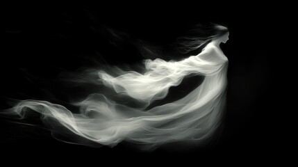 Ghostly figure flying forward from blackness, softly glowing, with swirling mist adding to the eerie, mysterious feel