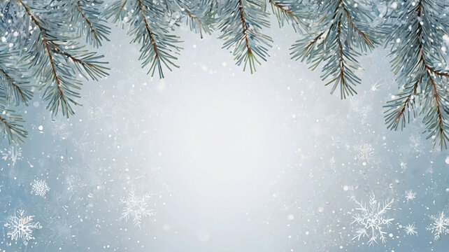 A wide white background with delicate snowflakes and pine branches in shades of light blue, adorned with sparkling glitter accents. Generative AI.