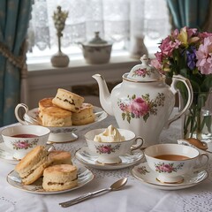 Fototapeta premium A classic English tea scene with scones, clotted cream, jam, and a floral teapot, arranged on a delicate table setting