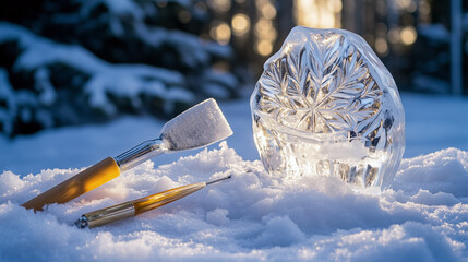 Tools for ice carving on a snowy ground, showcasing delicate craftsmanship in a frosty winter landscape