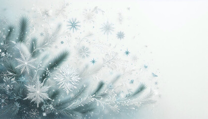 A wide white background with delicate snowflakes and pine branches in shades of light blue. Generative AI.