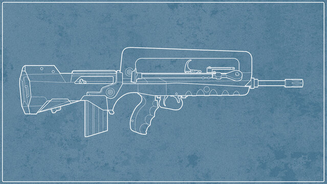 blueprint of side view of upgraded French famas f1 bullpup assault rifle blue background