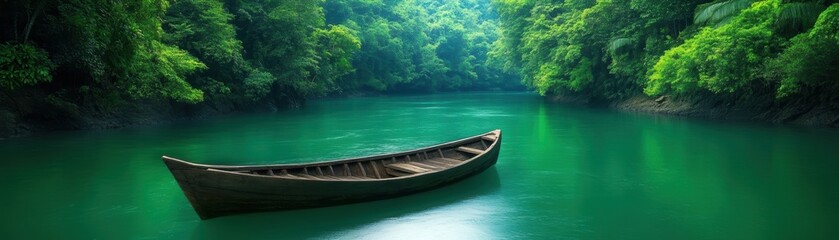 Obraz premium A serene landscape featuring a wooden boat floating on a calm, turquoise river, surrounded by lush green foliage, perfect for use in travel brochures, nature websites, or relaxation-themed content,