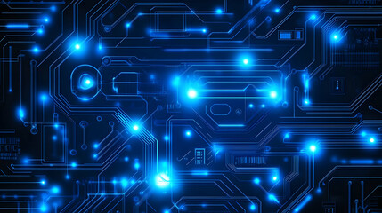 A futuristic digital circuit illuminated with glowing blue lines and dots, symbolizing advanced technology and connectivity.