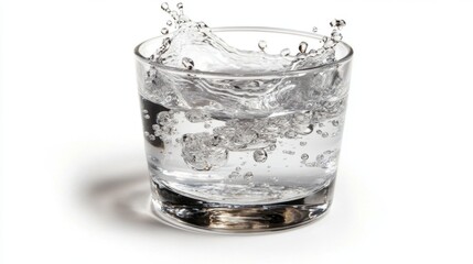 Clear water splash in a glass, with droplets arching gracefully, isolated on a pristine white background