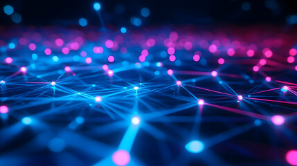 A vibrant web of glowing blue and pink light particles, interconnected to form an abstract representation of data flow.