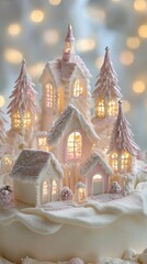 Cake in the shape of Christmas houses with a gardenia theme in pale pink and white. Decorated with lights, snowy trees, and gummy candy buildings, resembling a dreamy, fairy-tale ice sculpture