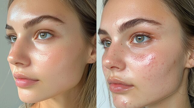 Close-up of a young woman's face showing before and after acne treatment effects on skin texture.