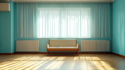 Fototapeta premium Brightly lit room showcases minimalist design with large windows and elegant flooring