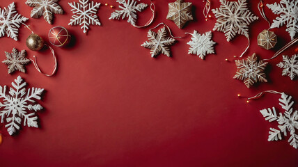 Red background with white snowflakes and Christmas lights, presents and ribbons on the sides, flat lay banner design for holiday promotion or sales. Generative AI.