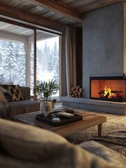 Fototapeta premium Cozy Cabin Living Room with Fireplace and Snowy View