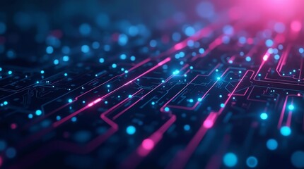 Neon blue and pink circuit lines, abstract digital network with glowing connections