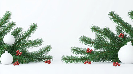 A festive arrangement featuring green branches, white ornaments, and red berries, set against a minimalistic white background.