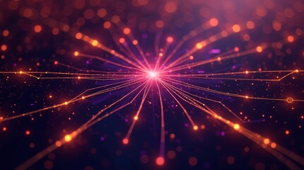 Naklejka premium Glowing purple and orange digital network, abstract futuristic technology with interconnected nodes