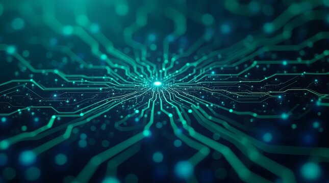 Teal circuit board design, abstract technology background with digital lines and glowing nodes