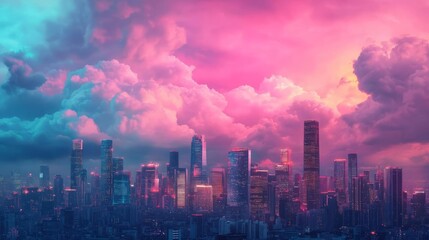 Fototapeta premium City skyline with skyscrapers glowing under artificial light, dramatic clouds, vibrant colors, night setting