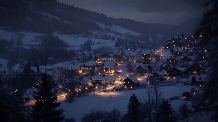 Illuminated Village Nestled in a Snowy Mountain Valley