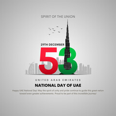 53 National Day of United Arab Emirates. Text Arabic Translation: Our National Day. December 2. Dubai map symbol.