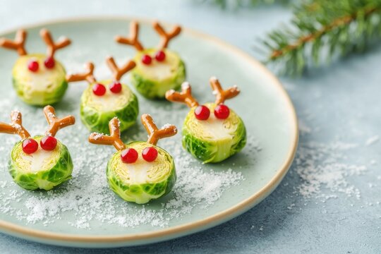 Naklejki Creative festive food art featuring reindeer-shaped Brussels sprouts on a plate.