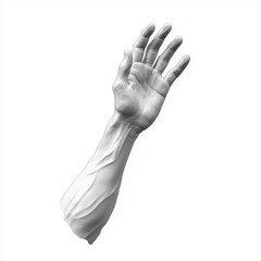 Isolated left hand waving hello with fingers outstretched against a plain white background in a friendly gesture