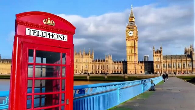 4K Stock Footage of Red Telephone Box in London with Big Ben Background Seamless Looping Video Animation