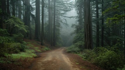 serene forest path, foggy atmosphere, tall trees, tranquil nature scenery, earthy tones, peaceful surroundings, natural beauty, calming environment, picturesque woodland landscape